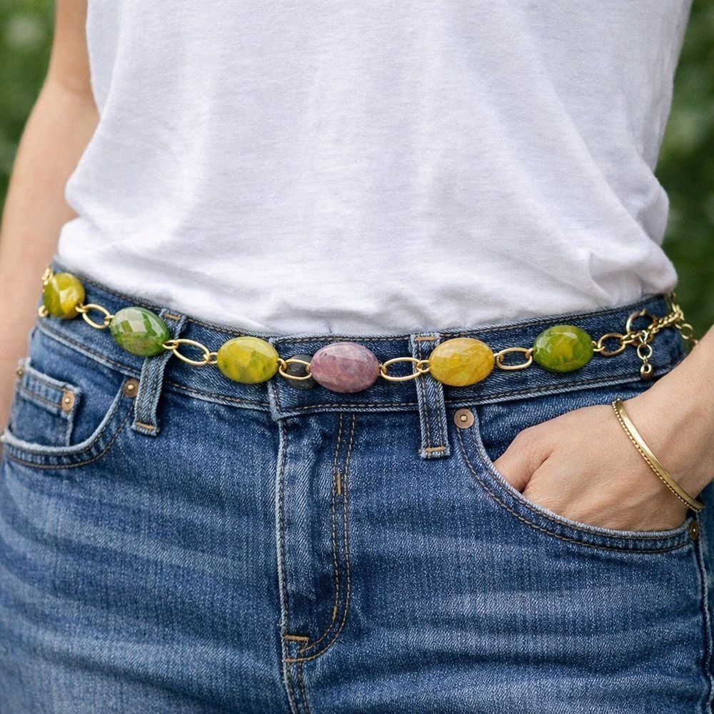 Vintage polished faceted stone and metal adjustable Belt Necklace 28" long